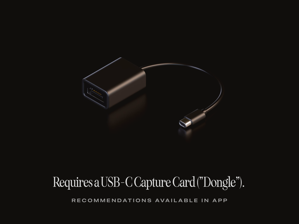 Ein schwarzer USB-C-Video-Capture-Card-Dongle auf schwarzem Hintergrund mit Text, der erklärt, dass er für die Orion-App erforderlich ist.