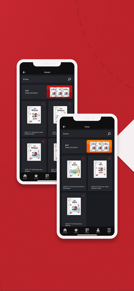 3D Mobil - Two mobile phone screens showing the 3D Mobil app interface with Biology and Chemistry study materials in dark mode