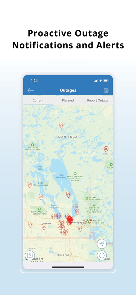 Manitoba Hydro - A screenshot of the Manitoba Hydro app displaying a real-time outage map with proactive notifications and alerts for users.
