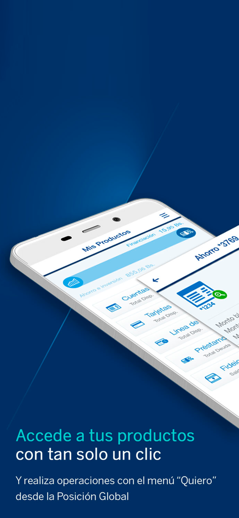 BBVA Provinet Móvil | VE - Tableau de bord de l'application BBVA Provinet Movil affichant les produits bancaires sur un écran mobile