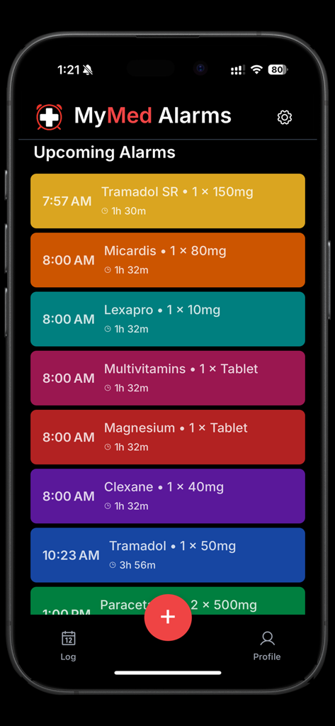 MyMed Alarms - Interface do aplicativo MyMed Alarms mostrando uma lista de próximos lembretes de medicamentos com cartões codificados por cores