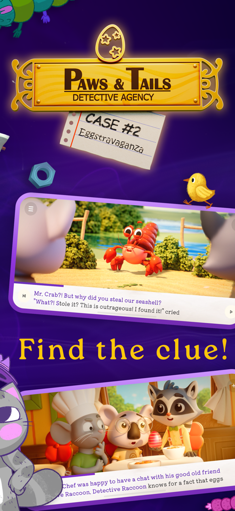 Interactive detective story for kids in the Boook app featuring animal characters solving a mystery
