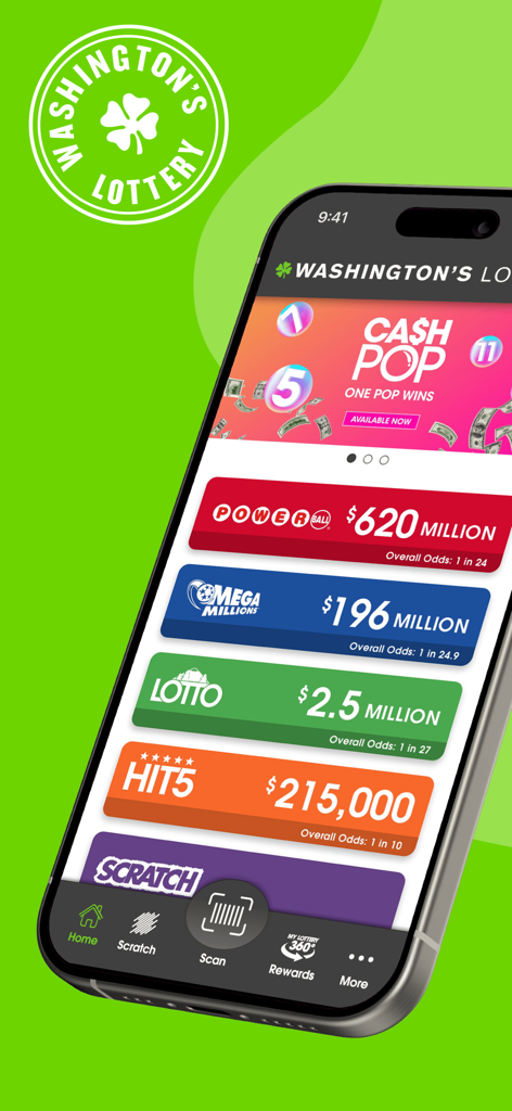 Washington's Lottery mobile app home screen showing current jackpot amounts for Powerball and Mega Millions