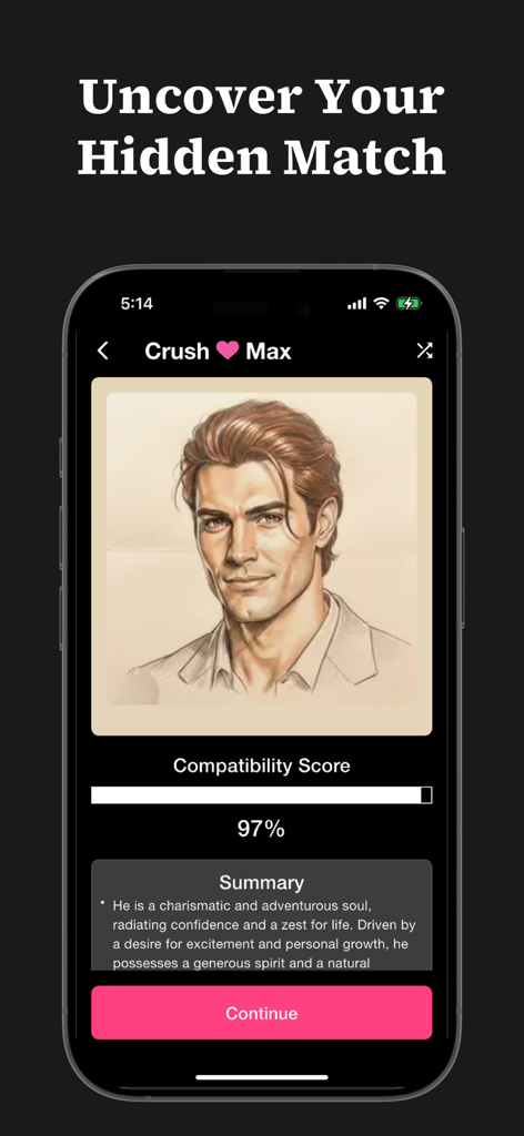 Amora Max app screen showing a ninety-seven percent compatibility score and an AI-generated soulmate sketch of a man