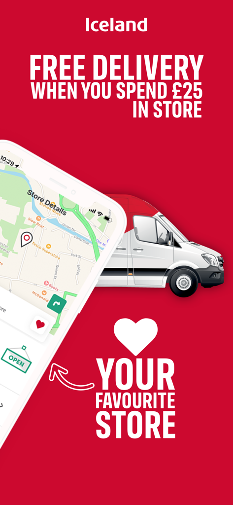 Iceland Bonus Card - Écran de l'application Carte Bonus Iceland montrant une promotion de livraison gratuite et une fonction de localisation de magasin.