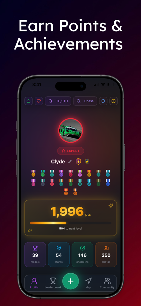 HW_Tracker - HW Tracker App-Benutzerprofil, das gesammelte Punkte, Sammlermedaillen und Jagdstatistiken für Geschäfte anzeigt.