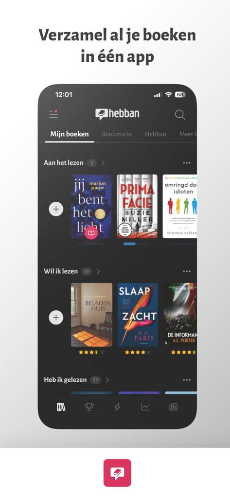 Hebban Boekenapp - Interface of the Hebban app showing personal book collections and reading progress