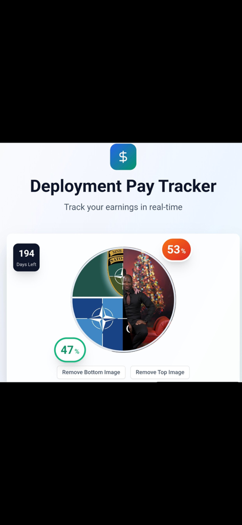 Dashboard of the Deployment Pay Tracker app showing a countdown of 194 days and a circular progress visualization with percentage tracking