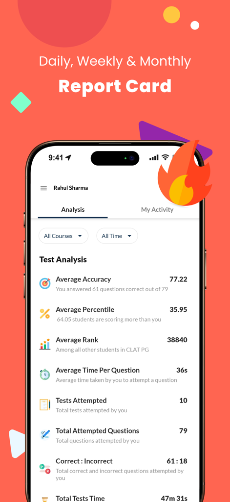Class 7 CBSE NCERT & Maths App - A detailed student report card screen in the Class 7 CBSE NCERT and Maths App showing test analysis and accuracy.
