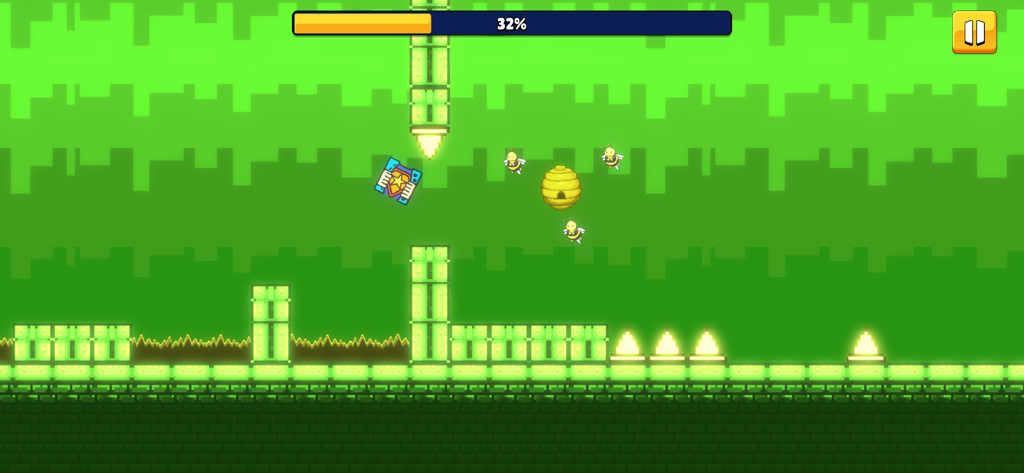 Gameplay de Hero Dash Jump montrant un personnage de bloc bleu naviguant dans un niveau géométrique vert avec des abeilles et des pointes