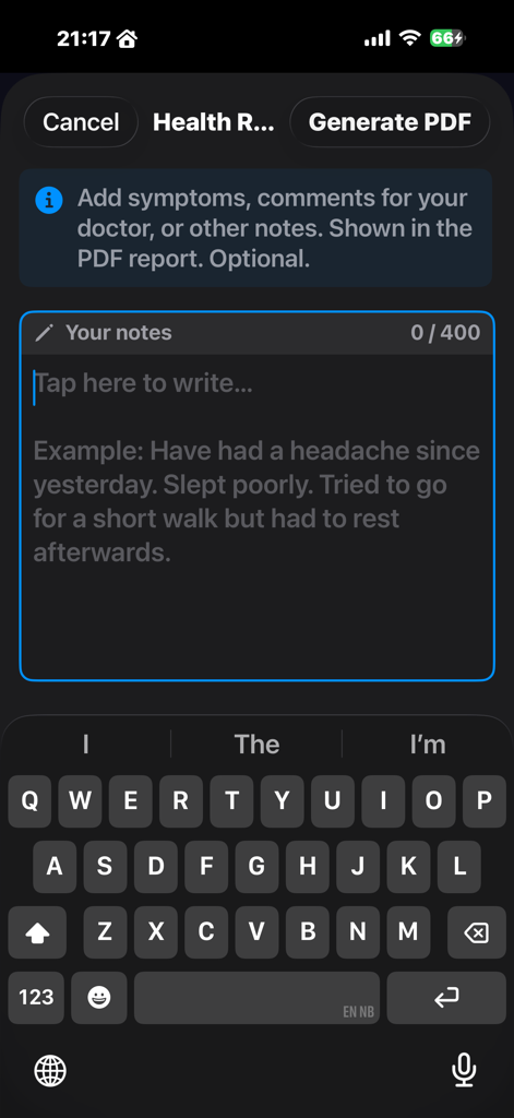 PaceME: Pacing & Energy - Interface of PaceME app showing the screen to add symptoms and comments for a medical PDF report