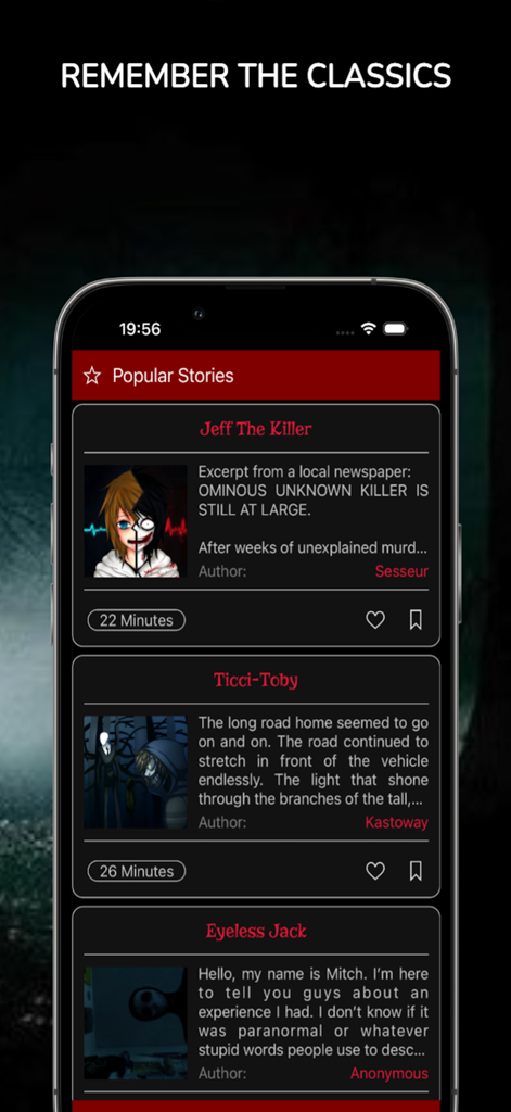 Nocturnal: Horror Stories - Jeff the KillerやTicci-Tobyを含む人気のクリーピーパスタストーリーのリストを表示するモバイルアプリインターフェース。