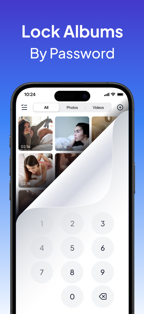 AI Cleaner Guru: Photo Cleaner - Una interfaz de teléfono inteligente que muestra un teclado numérico de contraseña superpuesto a una galería de fotos para bloquear álbumes privados