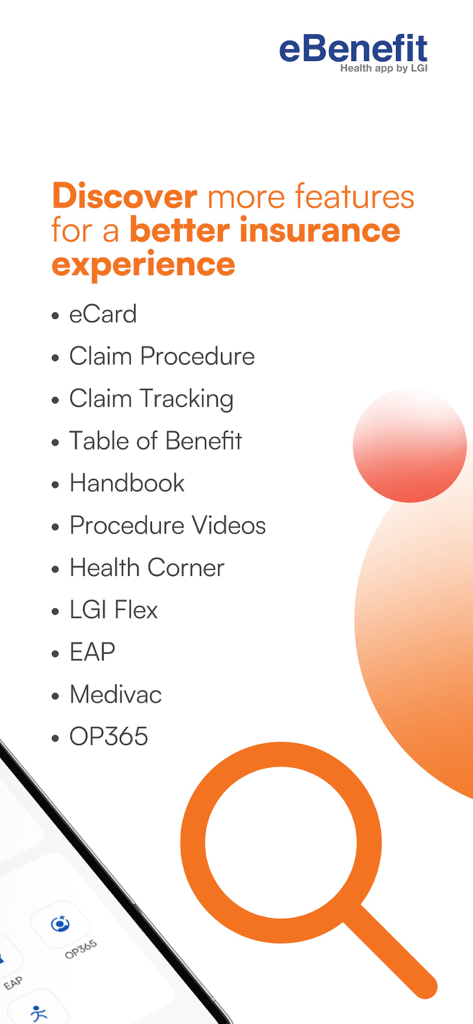 A list of mobile app features for eBenefit including eCard claim tracking and healthcare resources