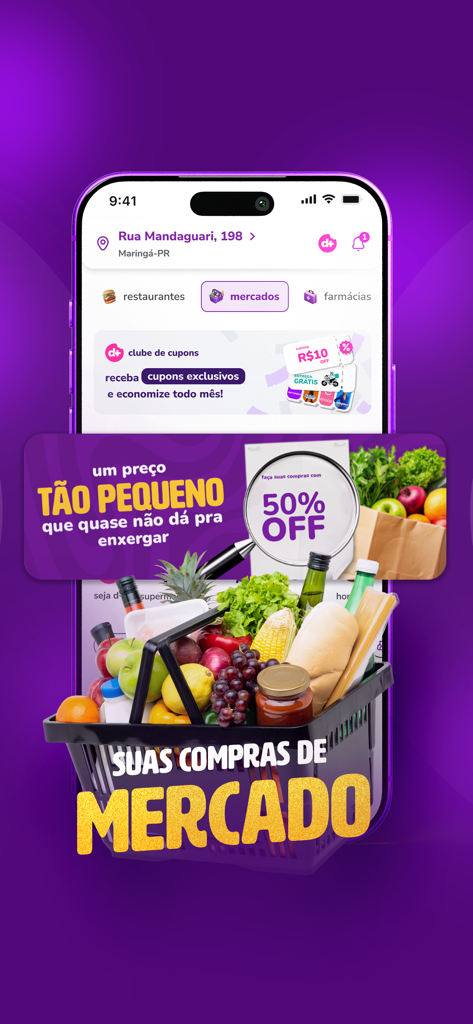Tela do aplicativo móvel para aiqfome mostrando entrega de supermercado com um banner de 50% de desconto e uma cesta de comida fresca.