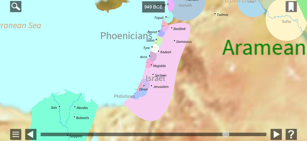 World History Maps: Ancient - Interactive map showing the Levant and Egypt in 949 BCE with labels for Israel Phoenicia and Arameans