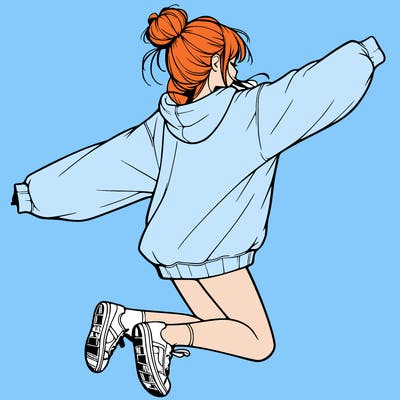 realistic girl jumping with a bun and oversized sweatshirt