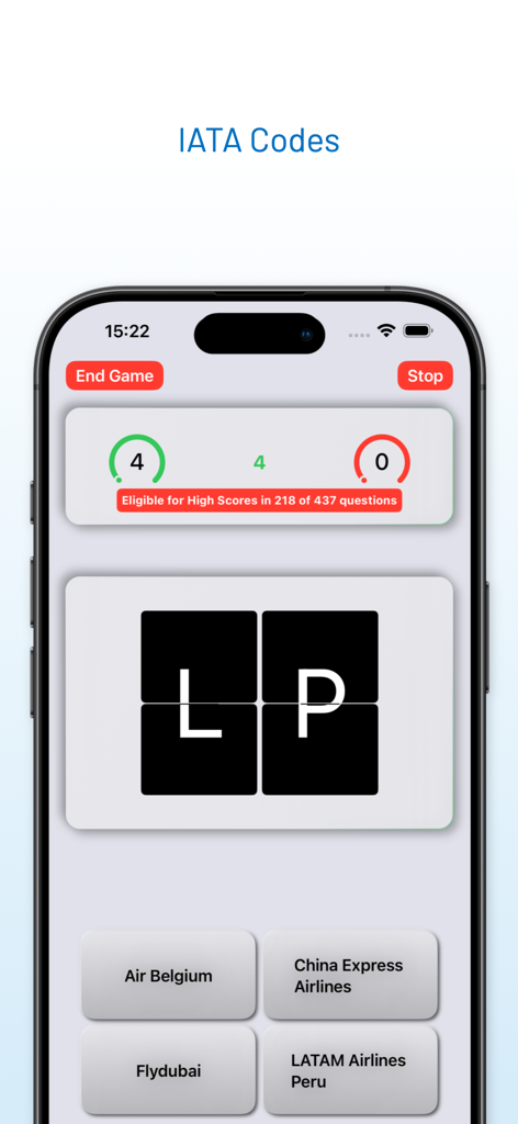 Screenshot of AirlineTrivia app showing a multiple choice question for an IATA airline code