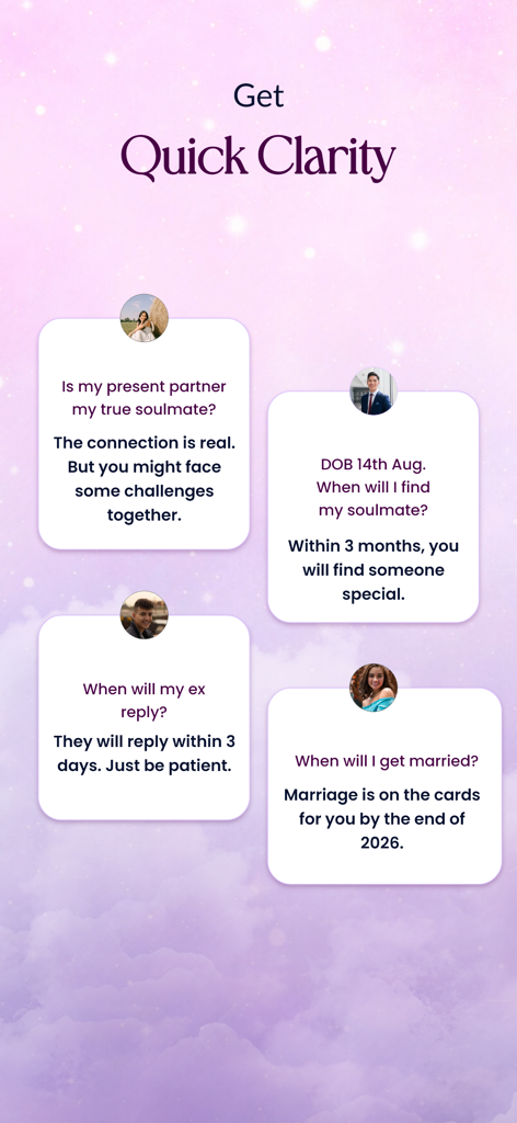 A mobile app screen titled Get Quick Clarity showing sample psychic chat readings about soulmates, marriage, and ex-partners.