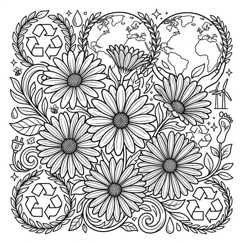 Discover a stunning coloring page featuring vibrant African Daisies beautifully integrated with powerful Earth Day themes. This intricate design includes symbols of sustainability like recycling, globes, and wind turbines, inviting you to celebrate our planet.