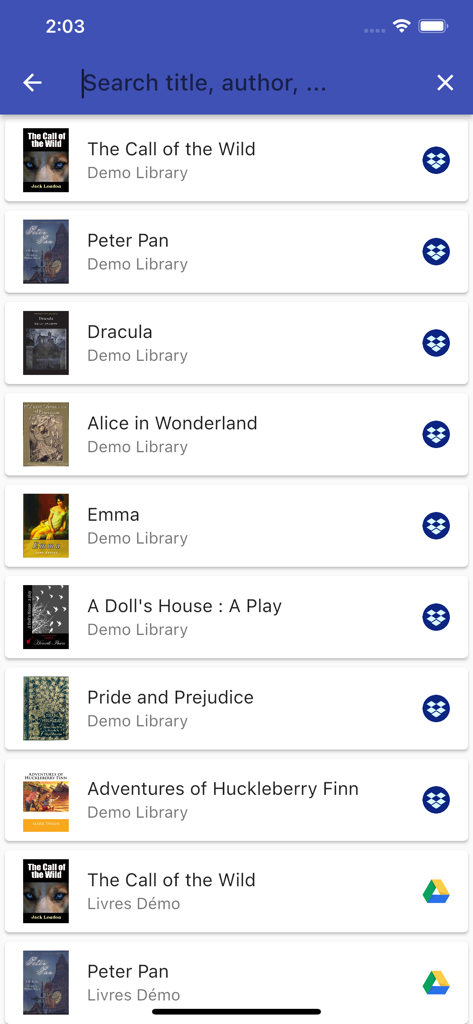 Calibre Sync - Ebook library list in Calibre Sync app showing book titles and cloud storage icons