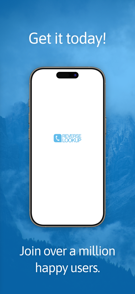 Logo de l'application Recherche inversée sur un écran d'iPhone avec un fond de montagnes bleues
