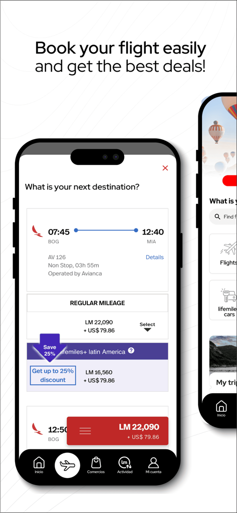 LifeMiles - LifeMiles mobile app interface displaying flight booking options and mileage discounts