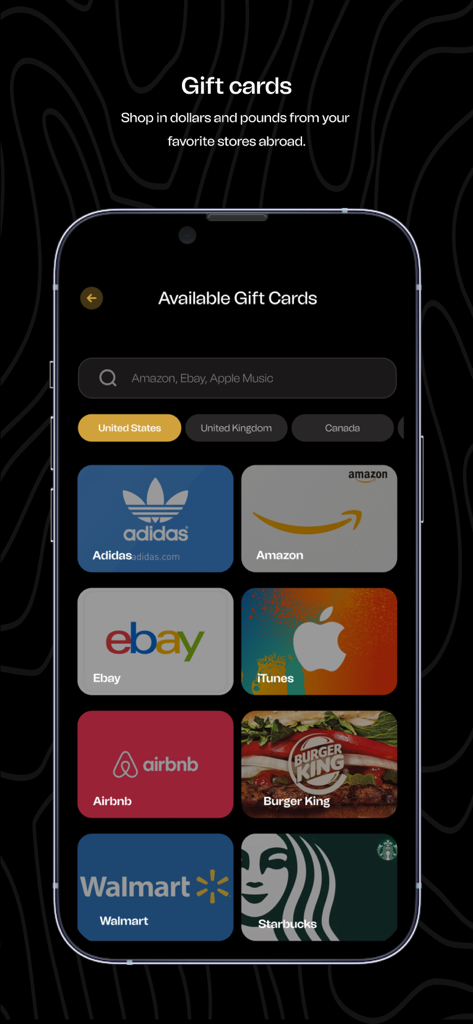 Mintyn app screen showing a marketplace for international gift cards from brands like Amazon Walmart and Airbnb