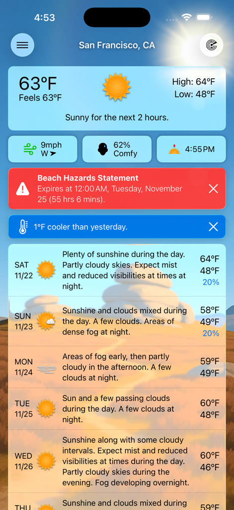 Detailed daily and weekly weather forecast for San Francisco in the Forecast Bar app