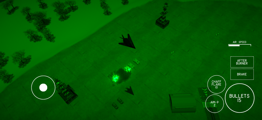 Vista aérea de un caza realizando una misión de visión nocturna sobre objetivos terrestres con controles de juego en pantalla.