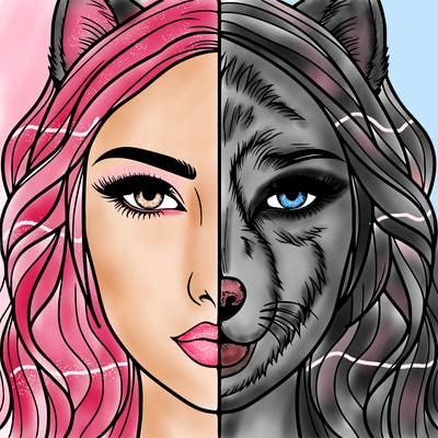 split face realistic woman and wolf