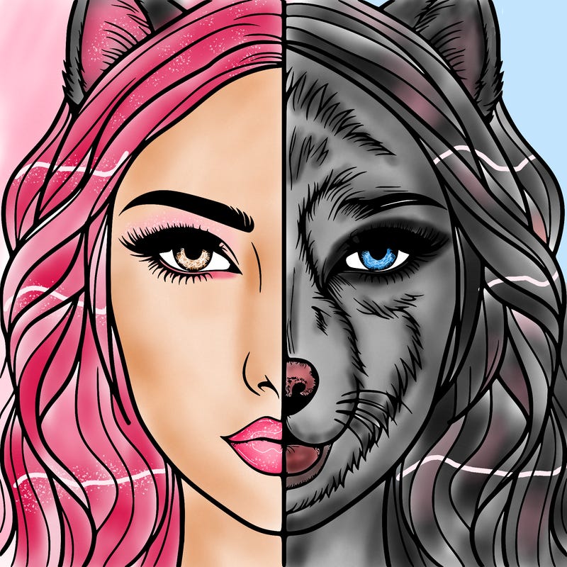 split face realistic woman and wolf