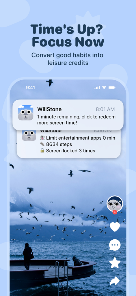 WillStone: Balance Screen Time - WillStone app notification on an iPhone showing screen time remaining and step count tracking over a social media interface