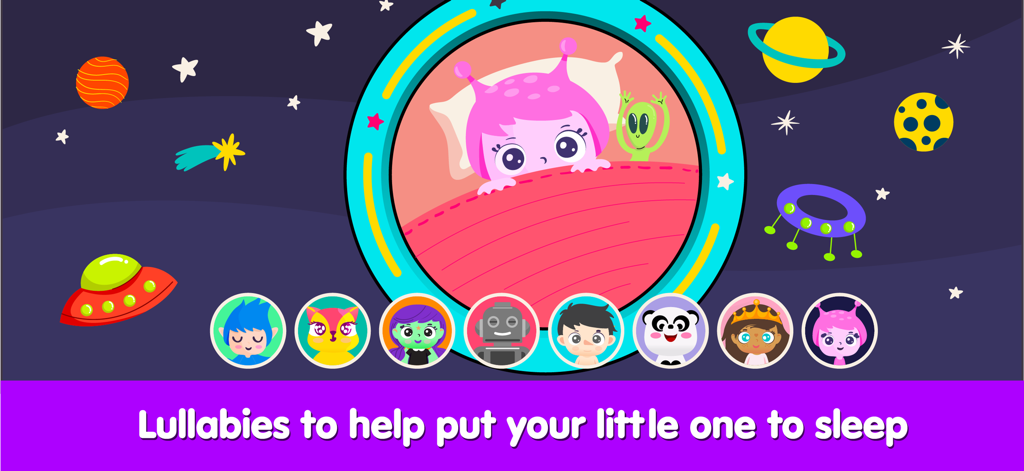 Wow Kids Baby Piano - A space themed screen showing lullabies to help babies sleep from the Piano Kids app