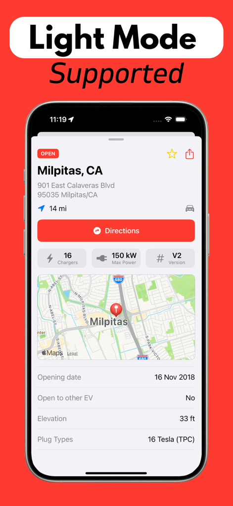Detaillierter Bildschirm mit Informationen zur Tesla Supercharger-Station im hellen Modus, der die Ladeleistung und den Standort in Milpitas anzeigt