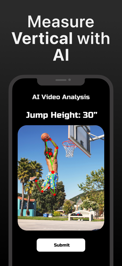 Pantalla de la aplicación VertMax que muestra análisis de video con IA de un jugador de baloncesto saltando verticalmente, midiendo treinta pulgadas
