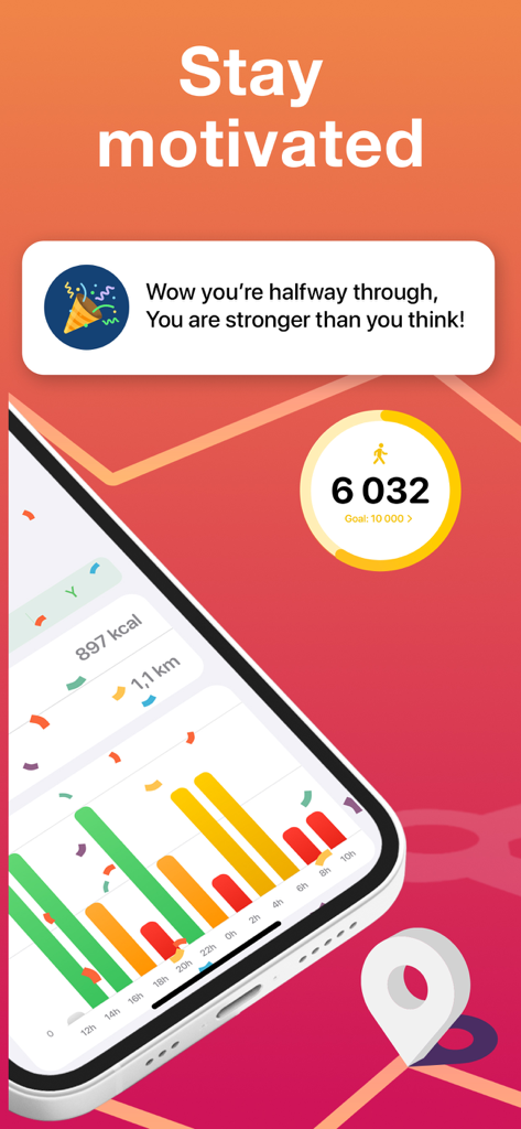 Steps Air activity tracker screen showing step goal progress and motivational message.