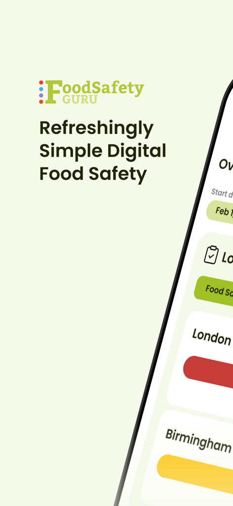 Food Safety Guru - Food Safety Guru mobile app home screen showing digital food safety management tagline and multi site dashboard