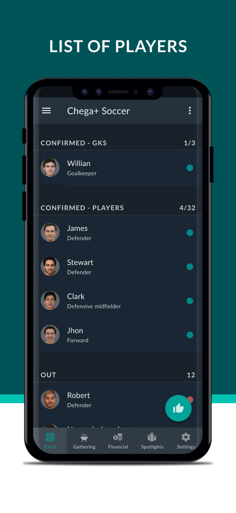 A mobile app screen showing a list of confirmed soccer players and goalkeepers for a pickup game.