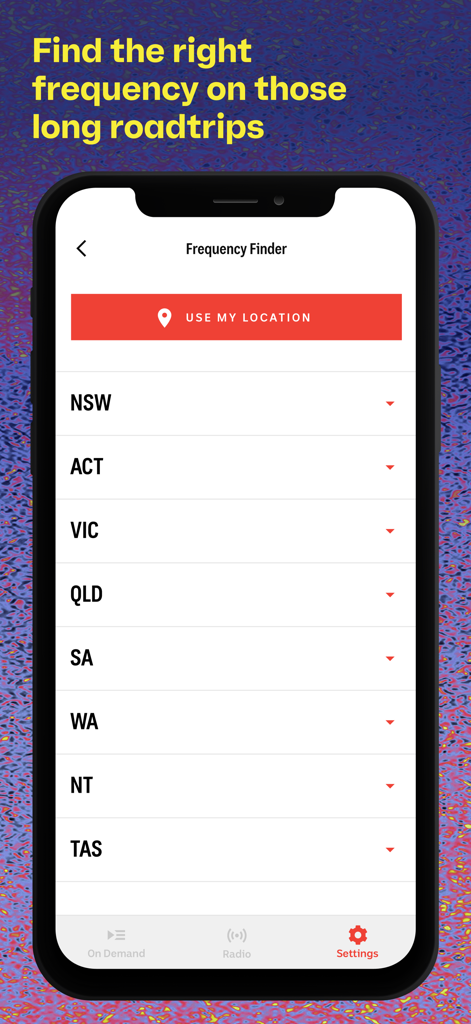 triple j - Die triple j App Frequency Finder-Bildschirm zeigt eine Liste australischer Bundesstaaten an, um Radiofrequenzen zu finden.
