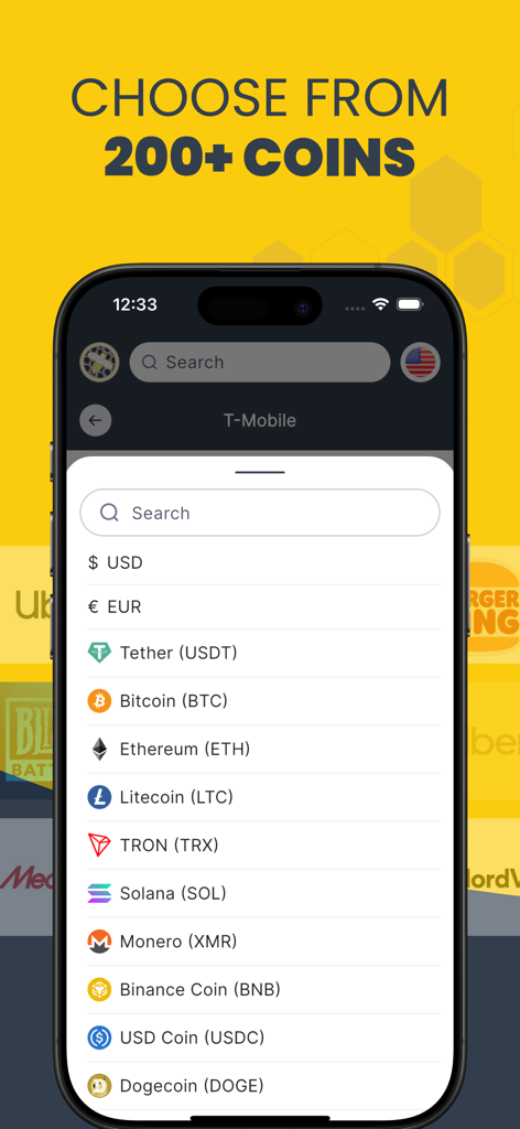 CoinsBee - Smartphone screen displaying various cryptocurrency payment options in the CoinsBee app.