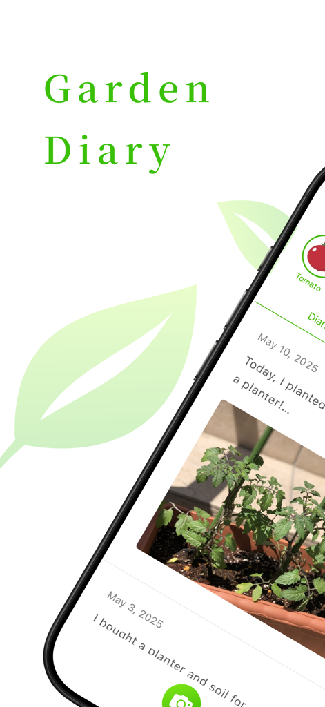 Garden Diary - Home Gardening - Smartphone screen showing the Garden Diary app with photo entries tracking the growth of a tomato plant in a planter