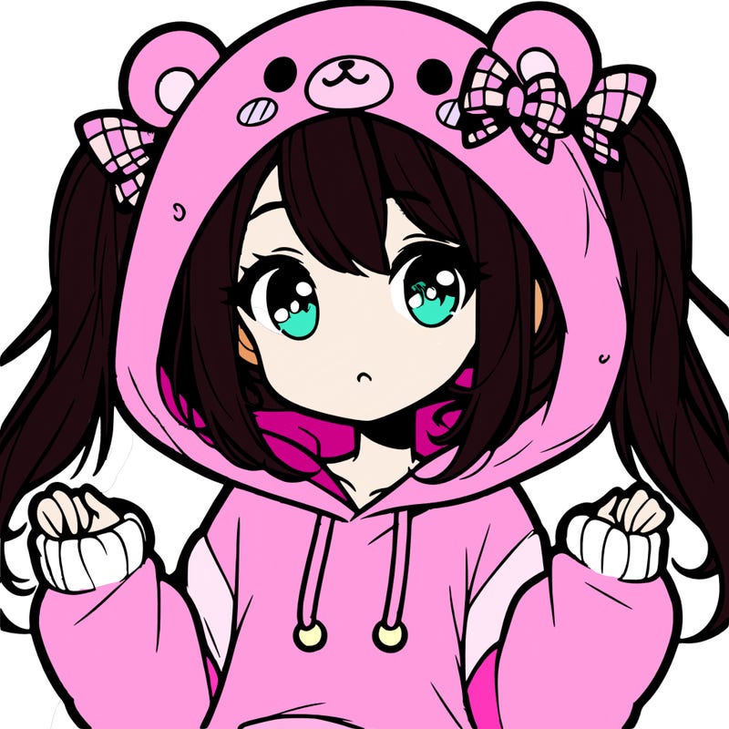cute anime girl with ponytails and a cute bear hoodie