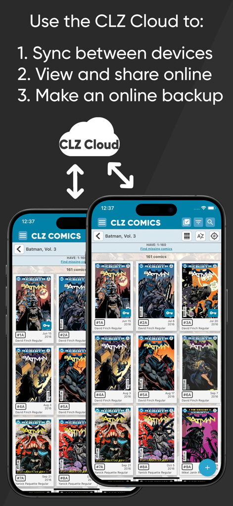 CLZ Comics app showing cloud sync and online backup features on two smartphones.