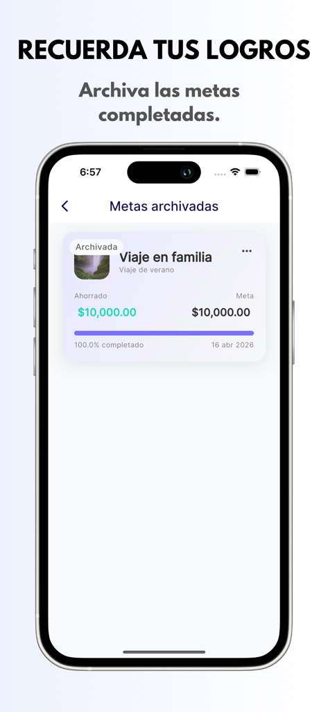Objetivo de Ahorro - Pantalla de smartphone que muestra una meta de ahorro completada para un viaje familiar en la aplicación Objetivo de Ahorro