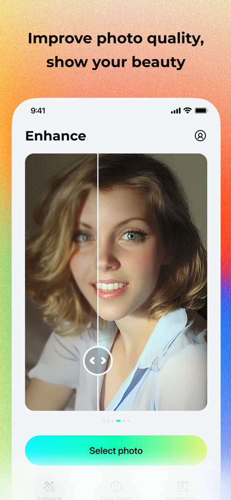 Pica AI: Photo Enhancer App - Pica AI app interface showing a side by side comparison of a blurred and enhanced clear portrait