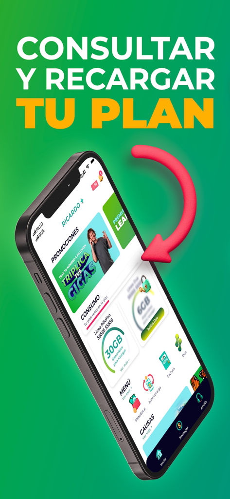 Tela do aplicativo móvel PilloFon mostrando opções para verificar saldo e recarregar planos móveis.