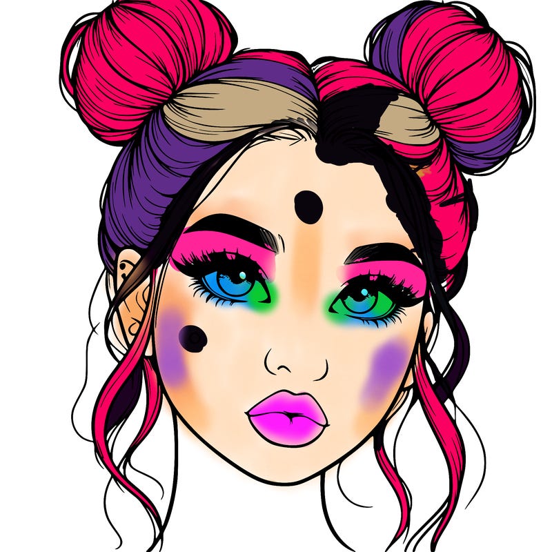 realistic girl with two buns on her hair and lips