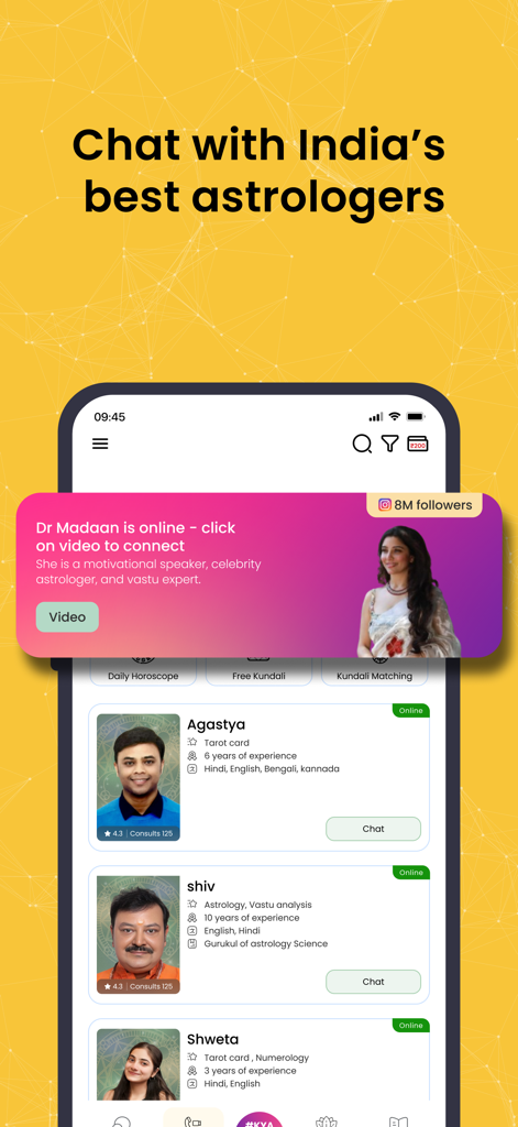 Mobile screen showing a list of expert astrologers and tarot readers available for live chat on the AstroKarma app.