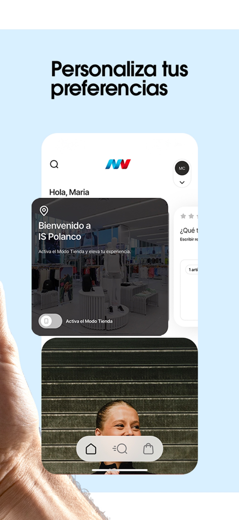 Pantalla de la aplicación móvil para Innovasport que muestra la activación del modo tienda y las preferencias personalizadas